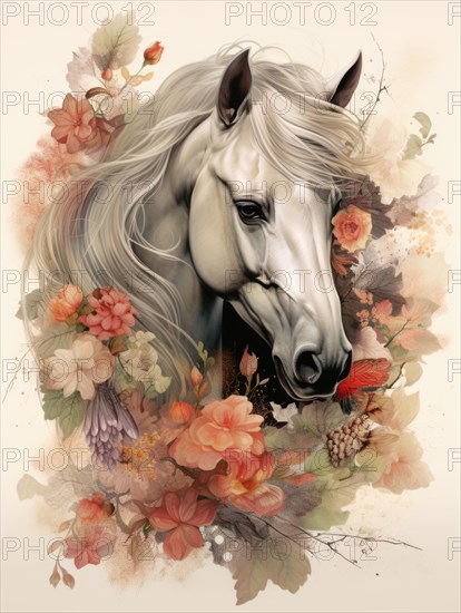 Artistic illustration of a white horse surrounded by a tranquil floral arrangement in pastel colors Ai generated