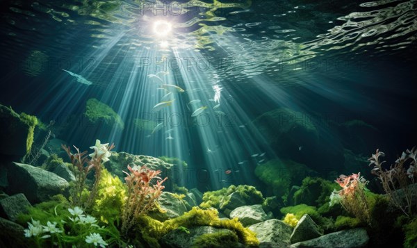 Underwater view of coral reef with fish and rays of sunlight Ai generated