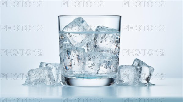 A transparent glass filled with water and ice cubes surrounded by more ice on a reflective surface Ai generated