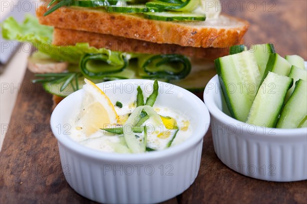 Fresh vegetarian sandwich with garlic cheese dip salad on rustic table