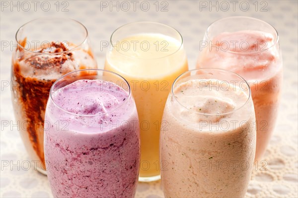 Selection of fresh fruits colorful long drink cocktails