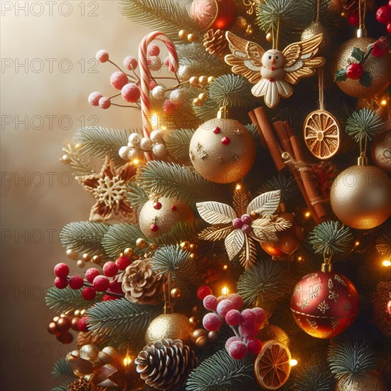 Christmas tree with bright golden and red balls