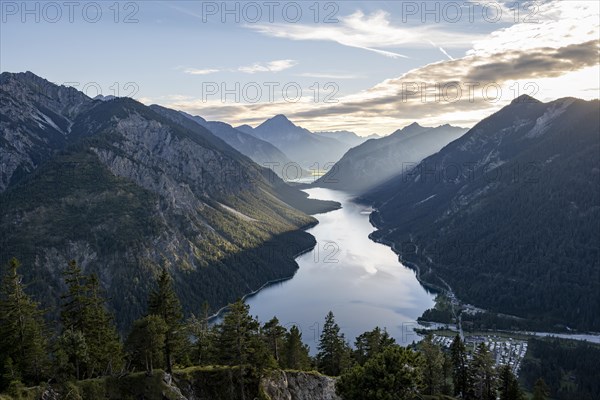 View of the Plansee lake from Schoenjoechl at sunset