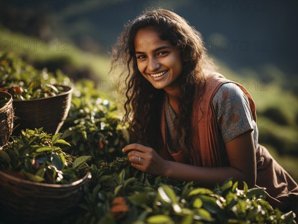 An Indian woman in traditional clothing picking tea on a tea plantation