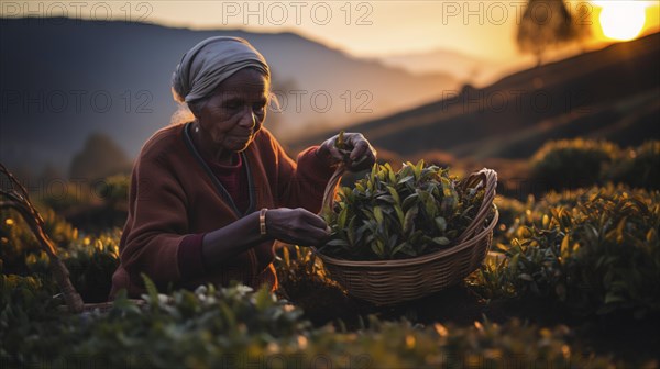 An Indian woman in traditional clothing picking tea on a tea plantation