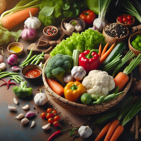 Assorted organic vegetables in a bamboo made basket. AI generated