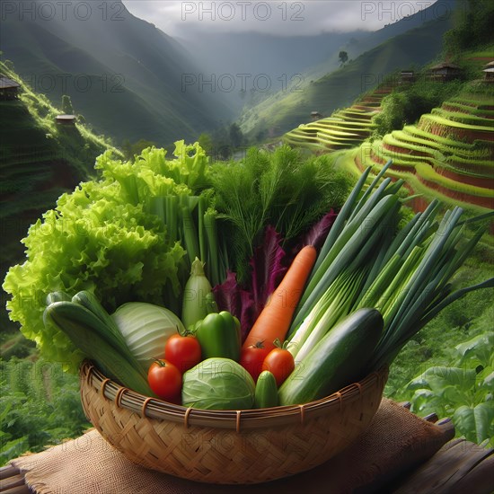 Assorted organic vegetables in a bamboo made basket. AI generated