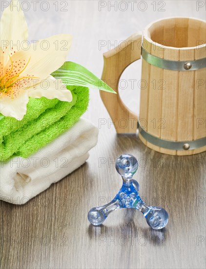 Accessories for bathing on a wooden surface