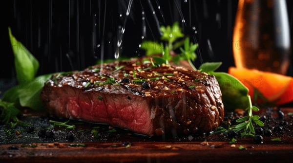 Slices of grilled beef steak on a cutting board with vegetables Ai generated