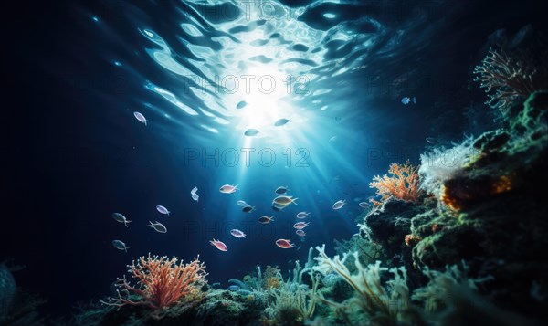 Underwater view of coral reef with sun rays shining through water surface Ai generated