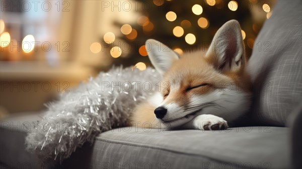 Cute little fox sleeping on sofa in room with Christmas tree and lights Ai generated