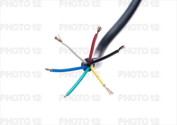 Color coded electric wire over white background