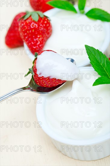 Organic Greek yogurt and strawberry over white rustic wood table