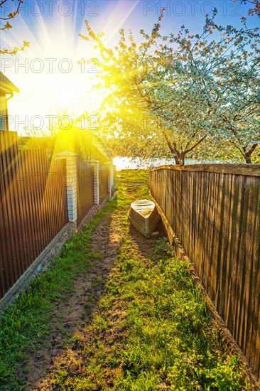 Sunny sunrise in a village on the banks of a small river