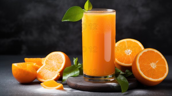 Glass of fresh orange juice with green basil leaves and oranges on dark background Ai generated