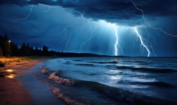 Lightning strike over the sea at stormy night. Nature background