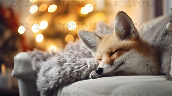 Cute little fox sleeping on sofa in room with Christmas tree and lights