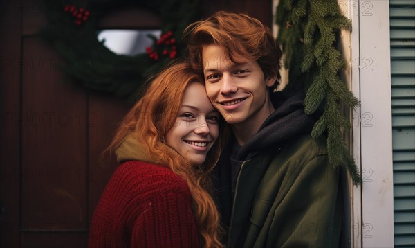 Young couple smiling together near home door decorated with mistletoe. Christmas holidays