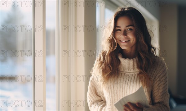 Beautiful woman stand near the window and smile Ai generated