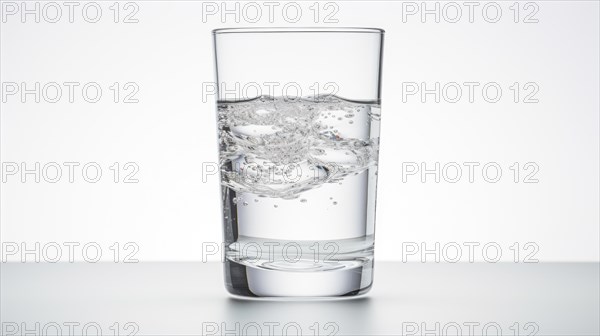A clear glass of water is depicted with bubbles