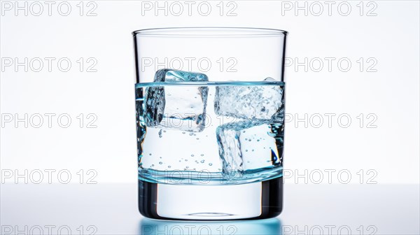 A clear glass filled with water and ice cubes on a light background