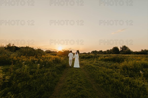 Loving couple of newlyweds at sunset in the field