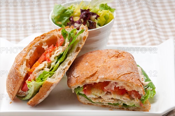 Italian ciabatta panini sandwich with chicken and tomato