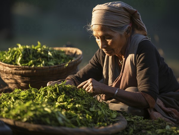 An Indian woman in traditional clothing picking tea on a tea plantation