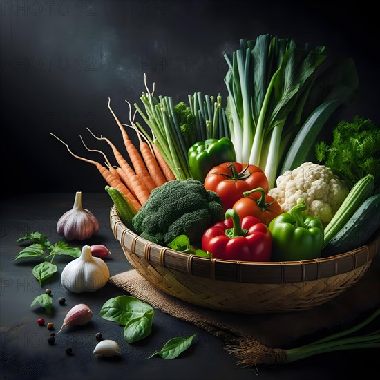 Assorted organic vegetables in a bamboo made basket. AI generated