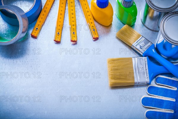 Large collection of working colour items on a metallic background Design concept