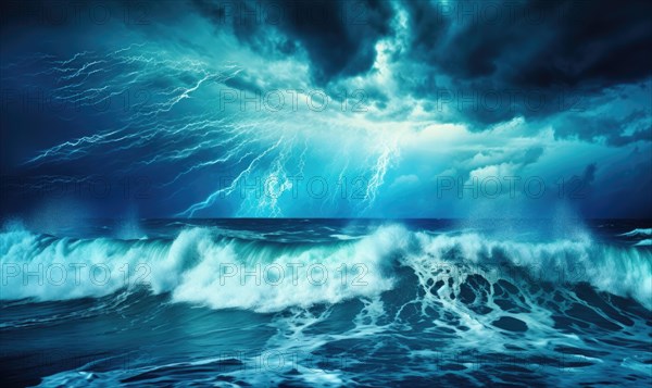 Beautiful seascape. Dramatic sky with stormy ocean waves Ai generated