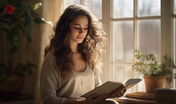 Beautiful woman stand near the window and read a book Ai generated