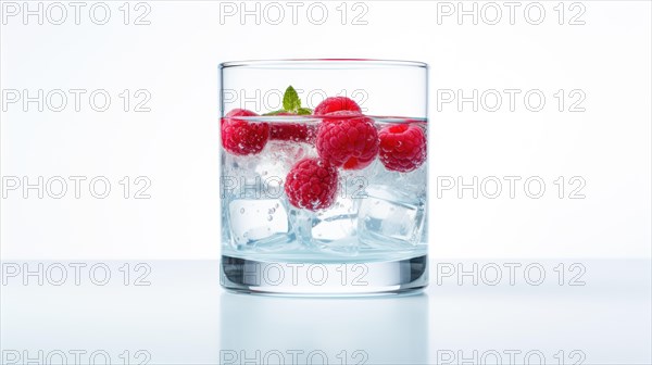 Raspberry in a glass on a white background. Isolated Ai generated