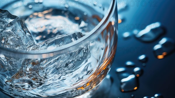 A close-up of a glass with a dynamic splash of water and ice