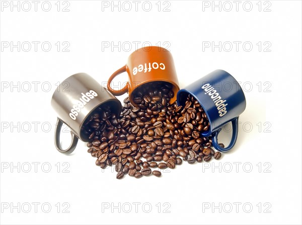 Coffee espresso cappuccino cups with coffee beans isolated on white background