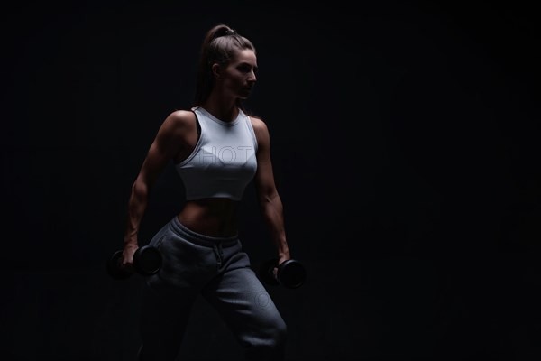 Athletic fitness woman posing in the studio on a dark background. Photo of an attractive woman in fashionable sportswear. Sports and healthy lifestyle. Mixed media