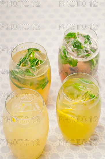Selection of fresh fruits colorful long drink cocktails