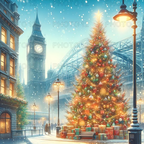 Christmas tree with bright golden sparkling garland on christmas tree in the cuty of London. New Year atmosphere. Holidays and New Year concept. AI Generated