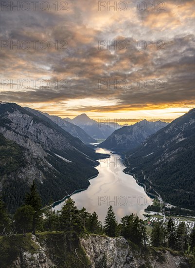 View of the Plansee lake from Schoenjoechl at sunset