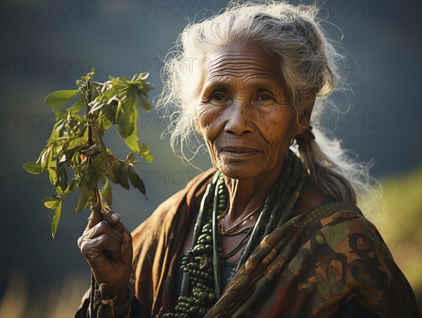 An Indian woman in traditional clothing picking tea on a tea plantation