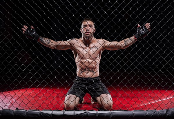 Dramatic image of a mixed martial arts fighter standing in an octagon cage. The concept of sports