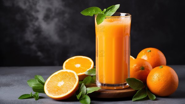 Glass of fresh orange juice with green basil leaves and oranges on dark background Ai generated