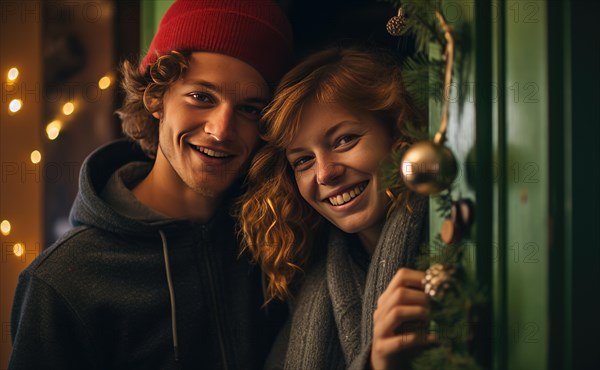 Young couple smiling together near home door decorated with mistletoe. Christmas holidays Ai generated