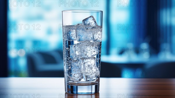 A glass filled with ice cubes on a table