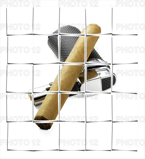 Cuban cigar and lighter isolated over white background