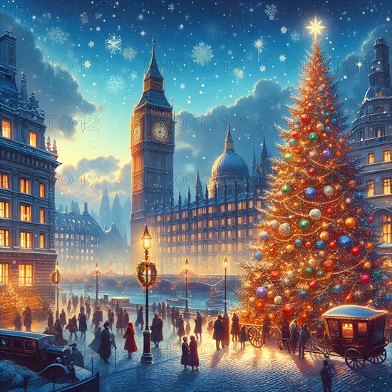 Christmas tree with bright golden sparkling garland on christmas tree in the cuty of London. New Year atmosphere. Holidays and New Year concept. AI Generated