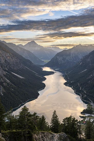 View of the Plansee lake from Schoenjoechl at sunset