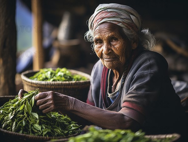 An Indian woman in traditional clothing picking tea on a tea plantation