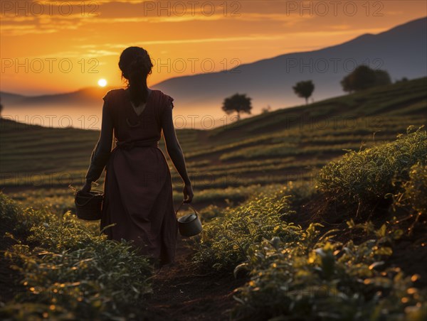 An Indian woman in traditional clothing picking tea on a tea plantation