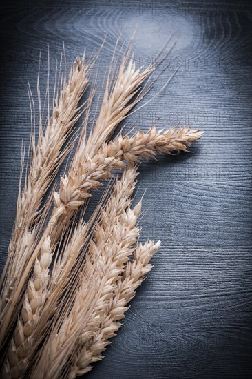 Ears of wheat and rye on wood board vertical view